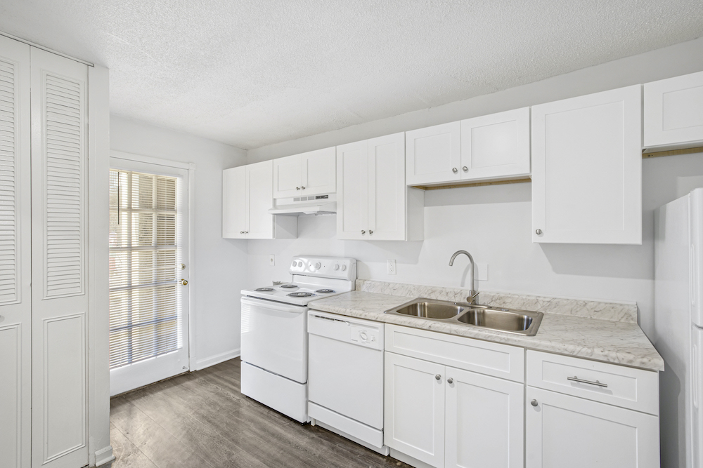 kitchen with white cabinets and white appliances